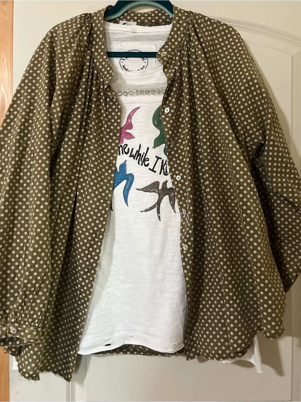 Jaded Gypsy oversized olive green white polka-dots  versatile. Boho Raw Hems OS - Picture 10 of 10